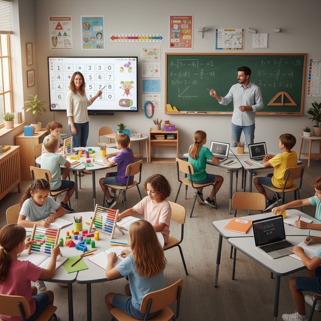 Elementary and Middle school students in the classroom with the Math teachers.