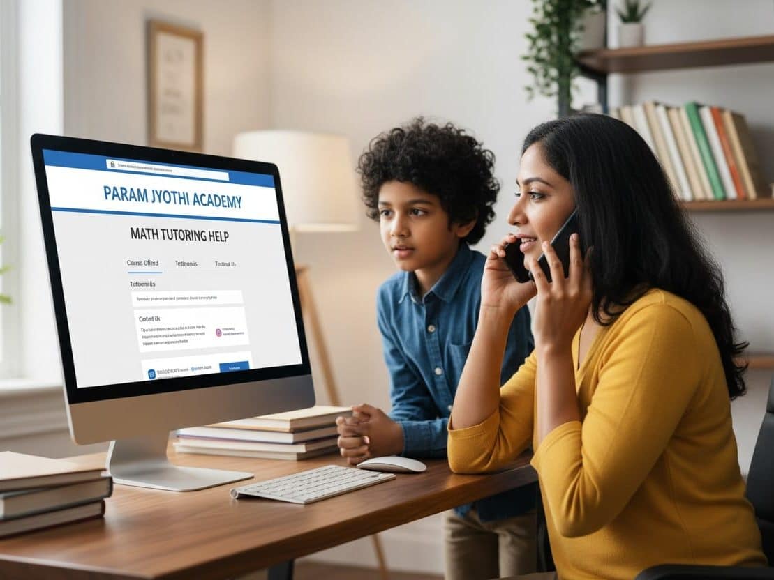 A woman in a yellow shirt talks on her phone while sitting at a desk with a young boy looking at a computer screen displaying a math tutoring website.